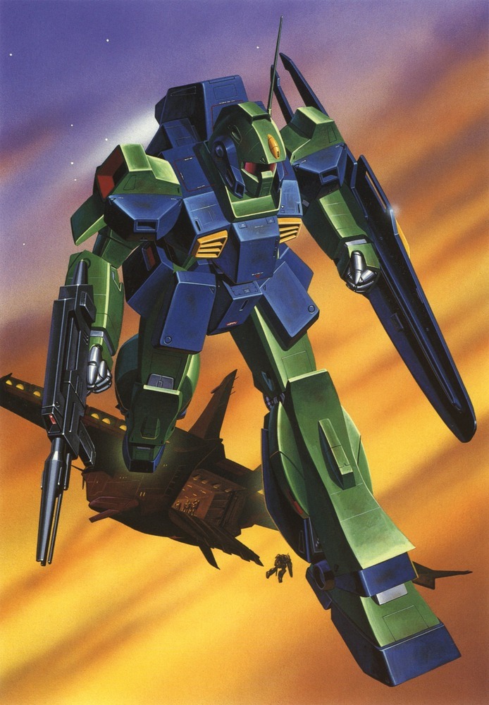 1980s_(style) aircraft beam_rifle cloud energy_gun flying freefall glint gundam hasegawa_masayuki mecha mobile_suit nemo_(mobile_suit) no_humans official_art oldschool open_hatch painting_(medium) production_art promotional_art radio_antenna retro_artstyle robot scan science_fiction shield thrusters traditional_media vernier_thrusters weapon zeta_gundam