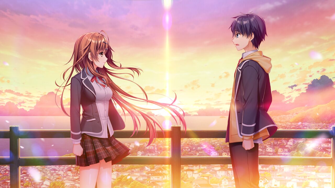 1boy 1girl aged_down ahoge alpha_(yukai_na_nakamatachi) ayase_aisa bare_legs black_hair black_jacket black_pants blue_eyes breasts brown_eyes brown_hair closed_mouth cowboy_shot dress_shirt eye_contact floating_hair from_side game_cg grey_skirt hair_ornament hairclip hood hood_down hooded_jacket jacket kagami_toshiki long_hair long_sleeves looking_at_another medium_breasts miniskirt neck_ribbon open_clothes open_jacket open_mouth outdoors pants plaid_clothes plaid_skirt pleated_skirt red_ribbon ribbon school_uniform shiny_skin shirt short_hair skirt sousaku_kanojo_no_renai_koushiki standing sunrise very_long_hair white_shirt yellow_jacket