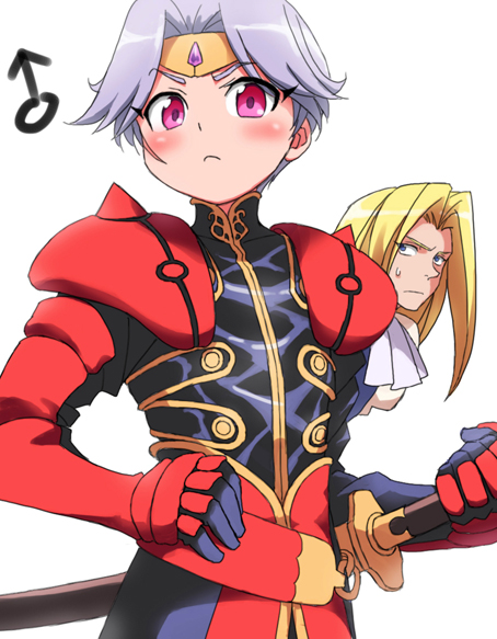 1990s_(style) 2boys allen_schezar blonde_hair can&#039;t_be_this_cute dilandau_albatou gloves long_hair male_focus mars_symbol multiple_boys orange541 ore_no_imouto_ga_konna_ni_kawaii_wake_ga_nai parody red_eyes silver_hair sword tenkuu_no_escaflowne weapon