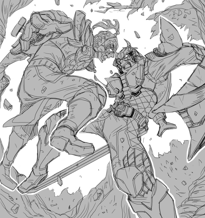 2boys armor bad_id bad_pixiv_id belt boots brothers greyscale gun helmet kakashi_(scarecrow) kamen_rider kamen_rider_gaim_(series) kamen_rider_ryugen kamen_rider_zangetsu kureshima_mitsuzane kureshima_takatora manly monochrome multiple_boys shield siblings sword weapon