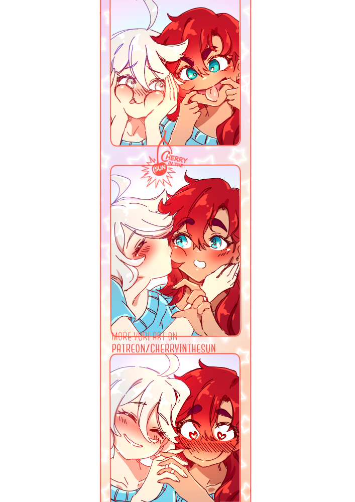 2girls artist_logo artist_name blue_eyes blush cherry_in_the_sun closed_eyes closed_mouth commentary couple dark-skinned_female dark_skin english_commentary female_focus flustered grey_eyes gundam gundam_suisei_no_majo hair_between_eyes happy heart heart_in_eye jewelry kiss kissing_cheek logo long_hair miorine_rembran multiple_expressions multiple_girls open_mouth patreon_username photo_booth red_hair ring short_hair signature smile suletta_mercury symbol_in_eye tongue tongue_out v-shaped_eyebrows wedding_ring white_hair wife_and_wife yuri