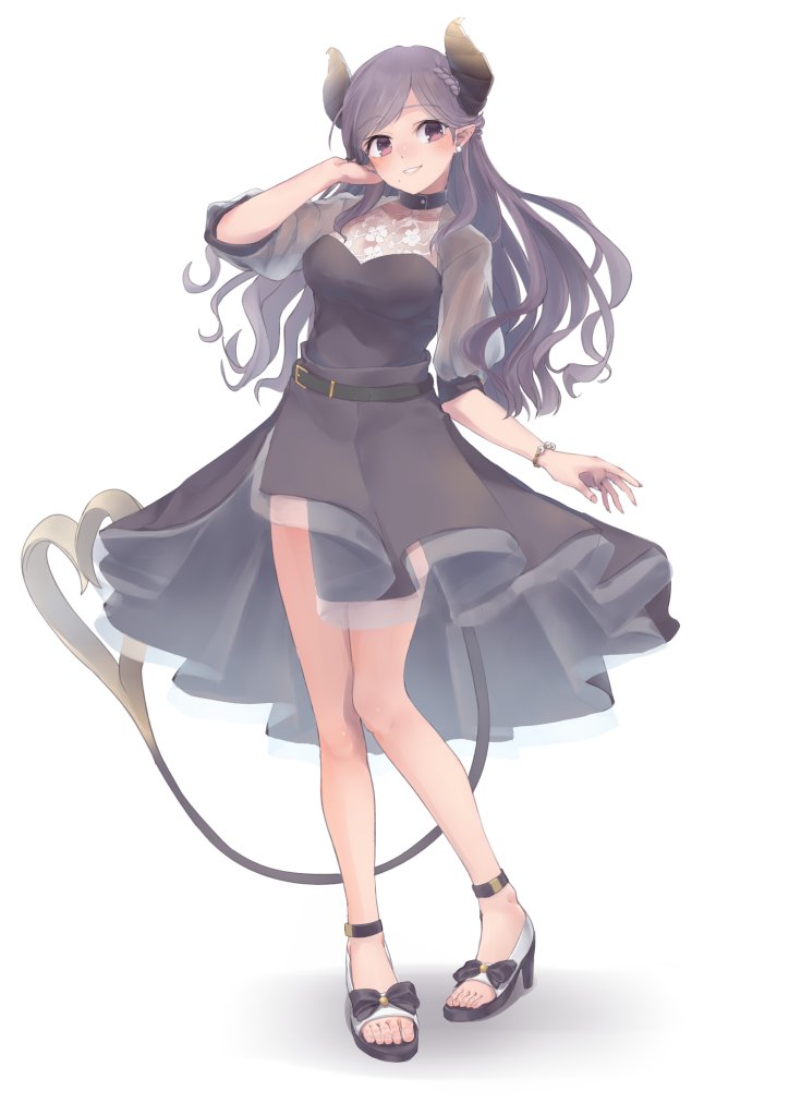 ... 1girl atsushima belt black_belt blush bow braid breasts brown_horns commentary_request demon_girl demon_horns demon_tail earrings fingernails footwear_bow full_body grey_bow grey_shirt grey_skirt grin hand_in_own_hair honey_strap horns jewelry long_hair looking_at_viewer medium_breasts nanashi_inc. purple_eyes purple_hair saionji_mary sandals see-through_clothes see-through_shirt shirt short_sleeves simple_background skirt smile solo standing stud_earrings tail virtual_youtuber wavy_hair white_background