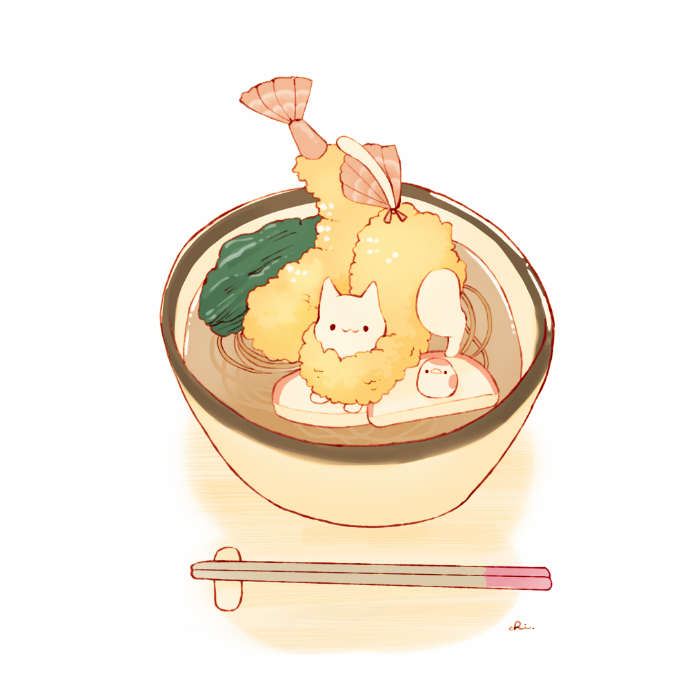 animal bird bowl cat chai_(drawingchisanne) chopstick_rest chopsticks commentary_request food food_focus in_food kamaboko looking_at_viewer no_humans noodles on_food original shrimp shrimp_tempura signature soup sweets_bird tempura undersized_animal white_background