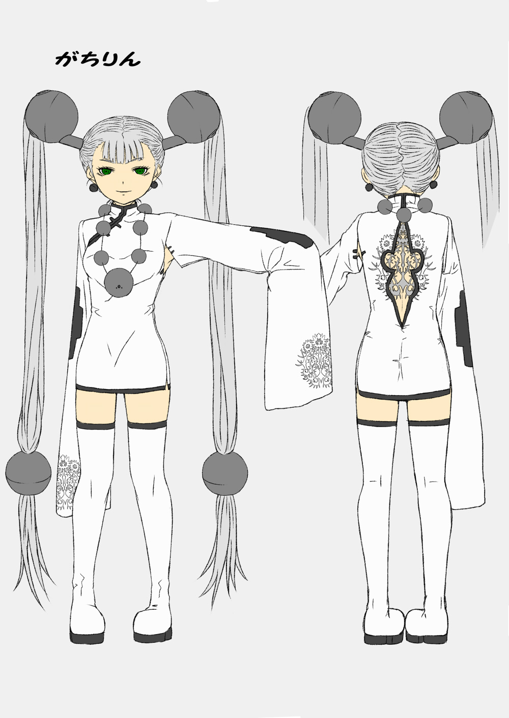 1girl armored_core armored_core:_for_answer chinese_clothes dress female_focus flat_color fromsoftware full_body gachirin green_eyes grey_background grey_hair highres mecha_musume multiple_views orca_(armored_core) personification simple_background standing