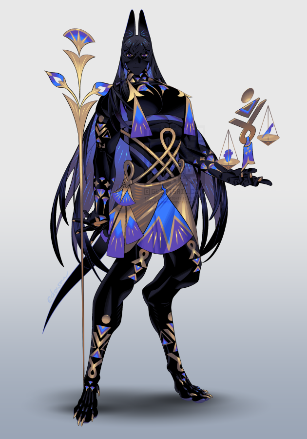 1boy ancient_egyptian_clothes animal_ears animal_feet anubis_(mythology) balance_scale black_hair claws colored_inner_hair colored_sclera digitigrade edarow full_body gradient_background grey_background holding holding_staff jackal_boy jackal_ears jackal_tail long_hair looking_at_viewer male_focus monster_boy multicolored_hair original purple_eyes purple_hair shendyt simple_background solo staff standing toned toned_male topless_male very_long_hair weighing_scale yellow_sclera