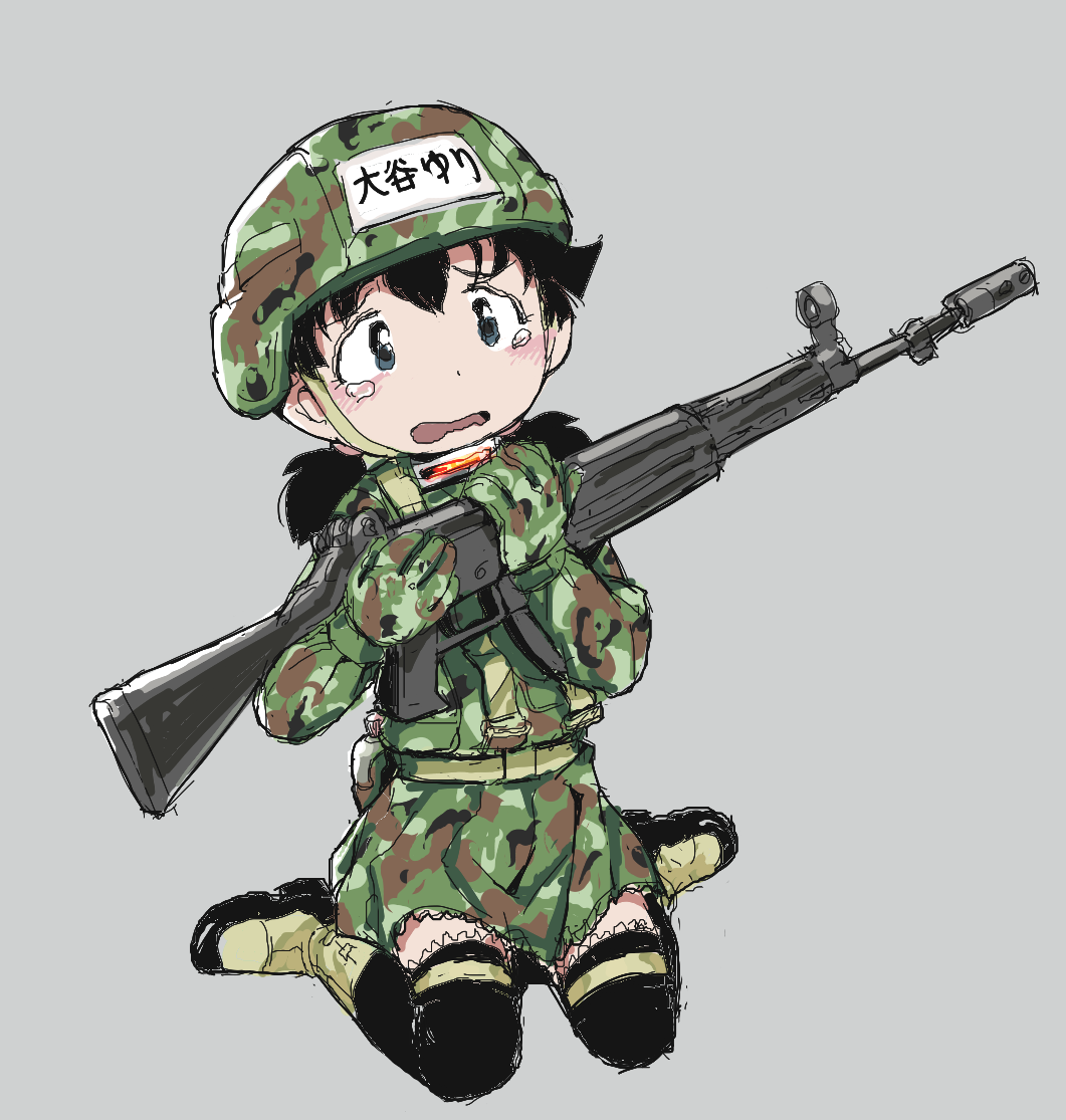 1girl alien_nine assault_rifle black_hair black_thighhighs blue_eyes blush boots camouflage camouflage_gloves camouflage_headwear camouflage_jacket camouflage_skirt crying crying_with_eyes_open flask full_body furrowed_brow grey_background gun helmet holding holding_gun holding_weapon howa_type_89 jacket jaggy_lines kinshi76 low_twintails medium_hair military_combat_uniform military_uniform ootani_yuri open_mouth rifle short_twintails simple_background sitting skirt solo tears thighhighs translation_request twintails wariza wavy_eyes wavy_mouth weapon yellow_boots