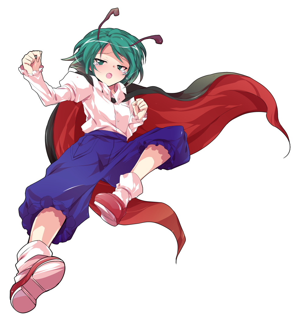 1girl alphes_(style) antennae black_cape blue_shorts blush buttons cape collared_shirt commentary_request crying crying_with_eyes_open dairi full_body green_eyes green_hair half-closed_eyes imperishable_night juliet_sleeves large_variant_set loafers long_sleeves open_mouth parody puffy_sleeves red_cape red_shoes rider_kick shirt shirt_tucked_in shoes short_hair shorts socks solo style_parody tachi-e tears touhou transparent_background two-sided_cape two-sided_fabric variant_set white_shirt white_socks wriggle_nightbug