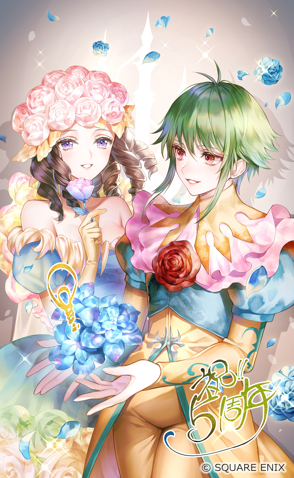 2girls asellus_(saga_frontier) bare_shoulders breasts brown_hair curly_hair dress elbow_gloves flower gloves green_hair hair_flower hair_ornament highres long_hair looking_at_viewer medium_breasts multiple_girls nemusuke princess_white_rose romancing_saga_re;universe rose saga saga_frontier short_hair small_breasts smile square_enix white_flower white_rose