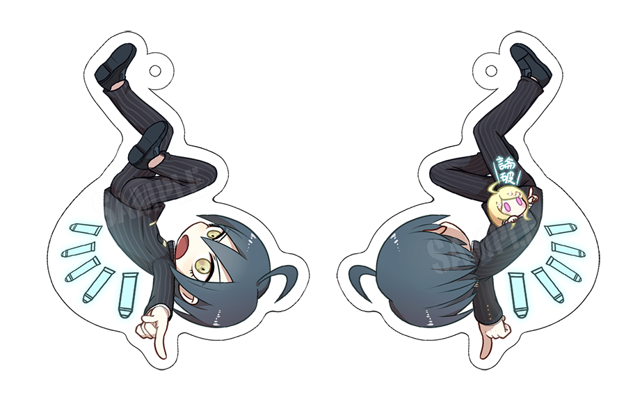1boy 1girl ahoge akamatsu_kaede black_hair black_jacket bullet buttons charm_(medium) chibi collared_jacket commentary_request danganronpa_(series) danganronpa_v3:_killing_harmony hair_between_eyes jacket long_hair long_sleeves male_focus merchandise open_mouth pants pink_eyes pinstripe_jacket pinstripe_pants pinstripe_pattern pointing saihara_shuichi short_hair simple_background striped_clothes striped_jacket white_background yunxd