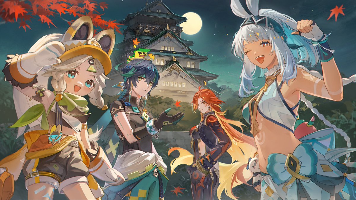 1boy 3girls aji_11300913 aqua_pants architecture bare_shoulders biker_clothes bikesuit black_bodysuit black_shirt blue_eyes blue_hair blue_hairband body_markings bodysuit braid chinchilla_ears chinchilla_girl commentary_request cosplay earrings east_asian_architecture fur-lined_gloves fur-trimmed_mittens fur_trim genshin_impact green_eyes green_hair green_headband hairband hawaiian_clothes headband kachina_(genshin_impact) kinich_(genshin_impact) kinich_(genshin_impact)_(cosplay) leaf light_blue_hair long_hair looking_at_viewer low_twin_braids mavuika_(genshin_impact) mittens moon mualani_(genshin_impact) multicolored_hair multiple_girls night night_sky one_eye_closed open_mouth orange_eyes orange_hair orange_mittens orange_pupils orange_visor outdoors pants ponytail red_eyes shirt shorts sidelocks sky spiked_ear_piercing streaked_hair sun_earrings tan tree twin_braids very_long_hair visor_cap yellow_eyes