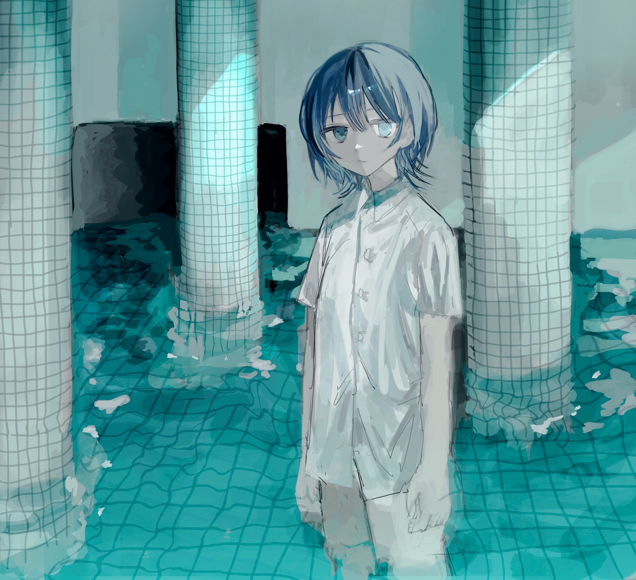 1boy blue_eyes blue_hair buttons closed_mouth colored_skin expressionless grey_skin highres indoors liminal_space looking_at_viewer male_focus oqo_808 original pants partially_submerged pillar pool shirt short_hair short_sleeves solo standing tile_floor tiles white_shirt