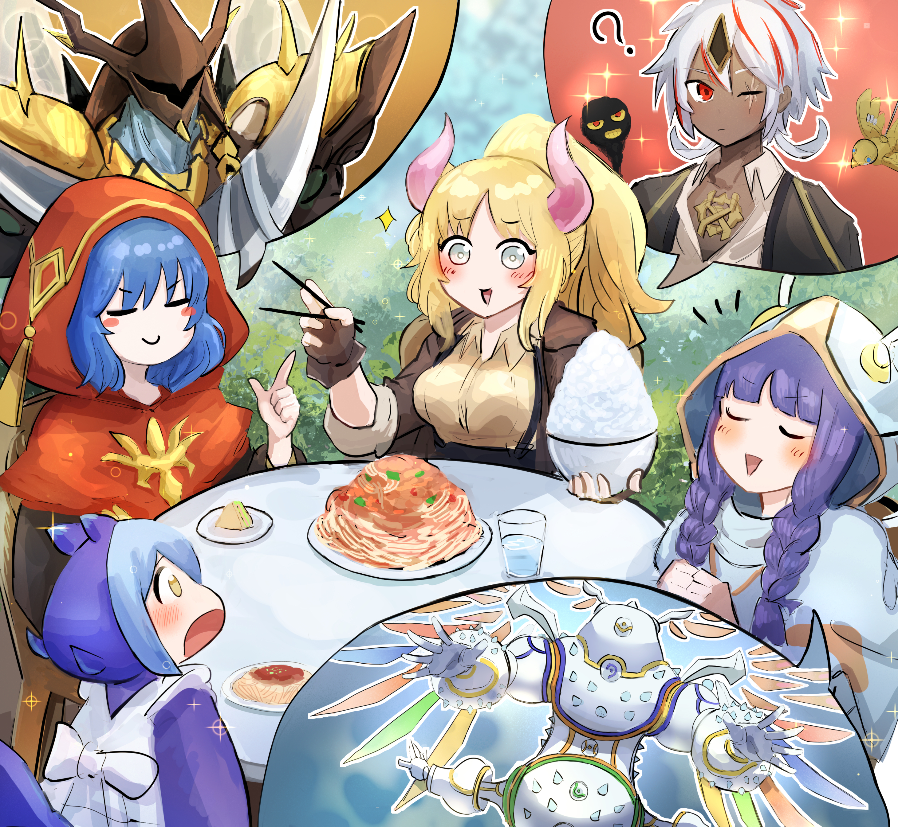 4girls absurdres albaz_(yu-gi-oh!) blonde_hair blue_hair bowl braid breasts cheese chopsticks closed_eyes commission diviner_of_the_herald dragon_girl duel_monster ecclesia_(yu-gi-oh!) fallen_of_albaz food grey_eyes hatano_kiyoshi herald_of_ultimateness highres holding holding_chopsticks hood horns incredible_ecclesia_the_virtuous large_breasts laundry_dragonmaid lo_the_prayers_of_the_voiceless_voice maid multiple_girls pasta plate ponytail red_hood rice rice_bowl side_braids skeb_commission skull_guardian_protector_of_the_voiceless_voice smile spaghetti speech_bubble surprised table tri-brigade_mercourier wa_maid white_hood yu-gi-oh!