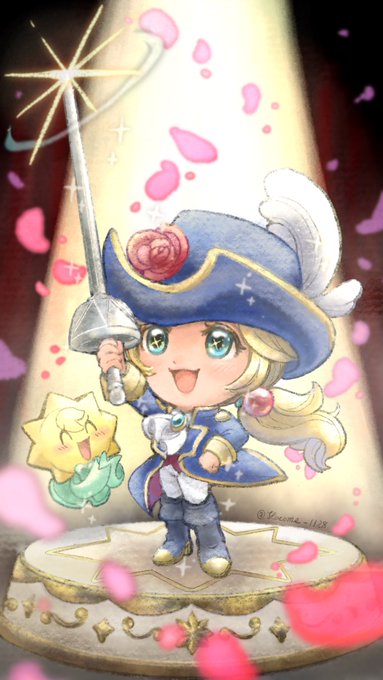 1girl blue_eyes chibi chibi_only earrings falling_petals feathers holding holding_sword holding_weapon jewelry long_hair looking_up magical_girl mario_(series) nintendo petals pink_petals ponytail princess_peach princess_peach:_showtime! solo sphere_earrings spotlight stage stella_(peach) suruga_kanade sword swordfighter_peach weapon white_feathers