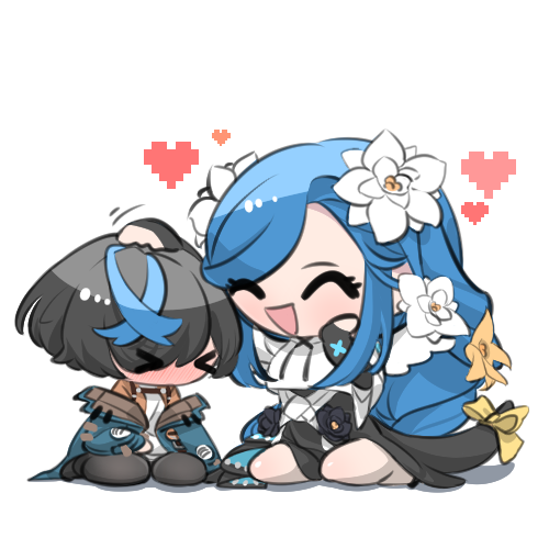 2girls black_hair blue_hair blue_streaks blush braid cottondog_ouob dizzy_(guilty_gear) embarrassed flower guilty_gear guilty_gear_strive hair_flower hair_ornament headpat heart long_hair lowres mother_and_daughter multiple_girls open_mouth queen_dizzy ribbon sidelocks sitting swept_bangs tail transparent_background unika_(guilty_gear) wariza yellow_ribbon
