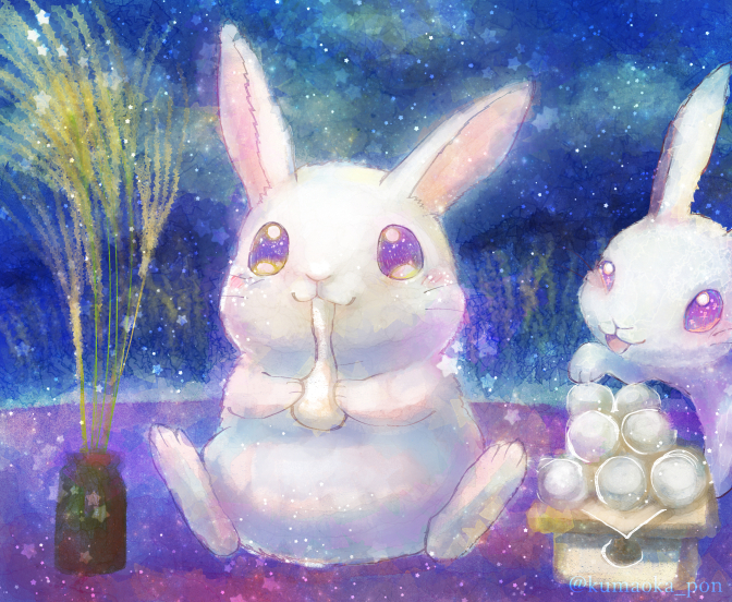 :3 animal animal_focus artist_name clip_studio_paint_(medium) commentary dango eating food grass holding kumaoka_pon looking_at_another mochi night no_humans open_mouth original outdoors pink_eyes plant potted_plant rabbit sanbou sitting sky star_(sky) starry_sky tsukimi tsukimi_dango wagashi whiskers