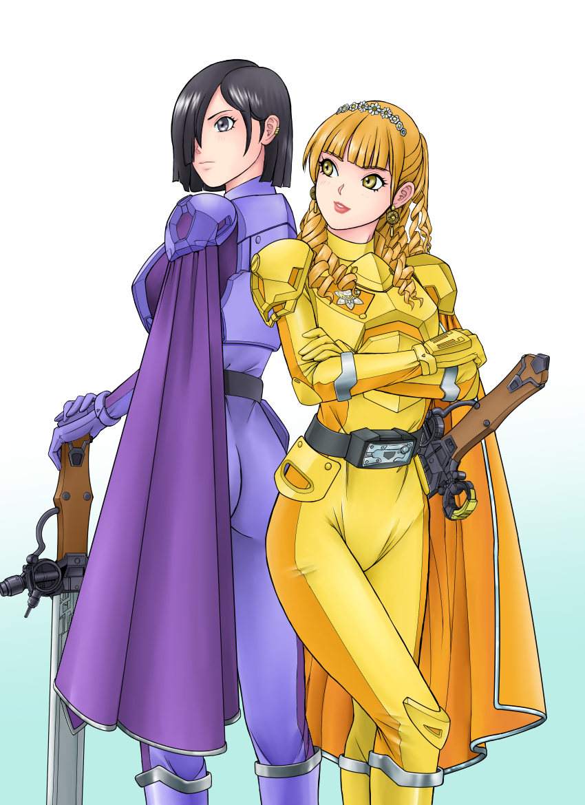 2girls armor black_hair blonde_hair bodysuits helmetless iwa kanisuka_rita multiple_girls ohsama_sentai_king-ohger purple_eyes ran_himeno super_sentai sword weapon weapons yellow_eyes