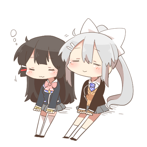 2girls :3 black_hair black_jacket black_shoes blazer brown_sweater chibi closed_eyes closed_mouth collared_shirt grey_hair grey_skirt hair_ornament hairclip higuchi_kaede higuchi_kaede_(1st_costume) jacket long_sleeves lowres multiple_girls necktie nijisanji open_clothes open_jacket pleated_skirt ponytail purple_necktie rebecca_(keinelove) school_uniform shirt shoes sitting skirt sleeves_past_wrists socks solo sweater thighhighs tsukino_mito tsukino_mito_(1st_costume) virtual_youtuber white_background white_shirt white_socks white_thighhighs