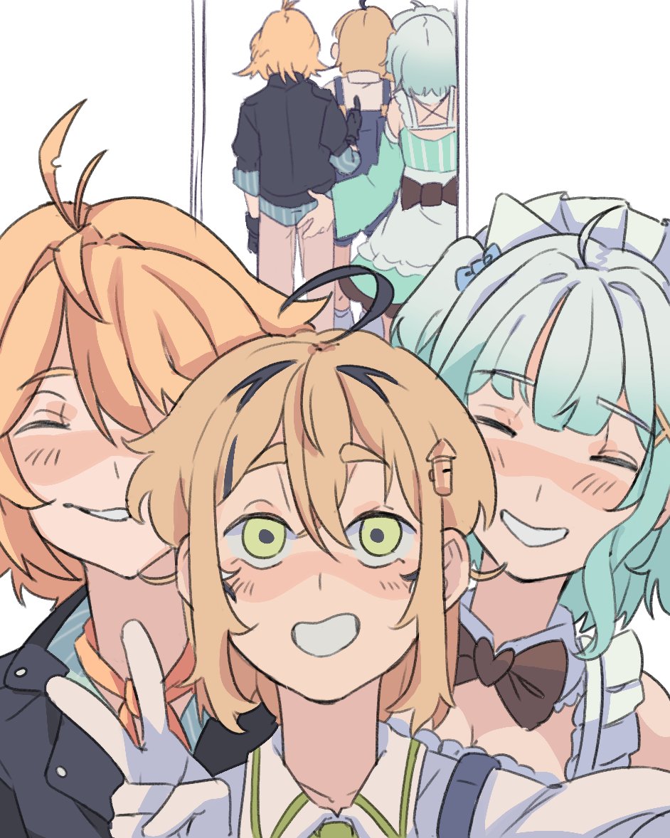 3girls addendium ahoge black_gloves blonde_hair blush detached_sleeves dokibird_(vtuber) dooby_(vtuber) dress frills gloves grabbing_another&#039;s_ass gradient_hair green_eyes green_hair groping hair_between_eyes hair_ornament indie_virtual_youtuber jacket long_sleeves maid_headdress middle_finger mint_fantome multicolored_hair multiple_girls open_clothes open_mouth selfie shirt short_hair smile twintails two_side_up virtual_youtuber white_hair x_hair_ornament yuri