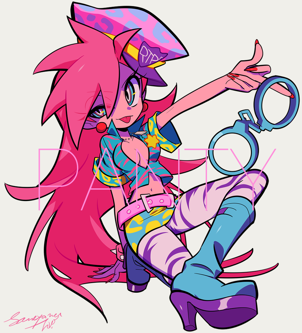 1girl animal_print belt blue_boots boots breasts character_name cleavage cuffs earrings eyelashes handcuffs hat jewelry long_hair midriff official_alternate_costume panty_&amp;_stocking_with_garterbelt panty_(psg) pantyhose pink_belt pink_hat police police_uniform print_pantyhose sameyama_jiro signature solo sphere_earrings tongue tongue_out very_long_hair zebra_print