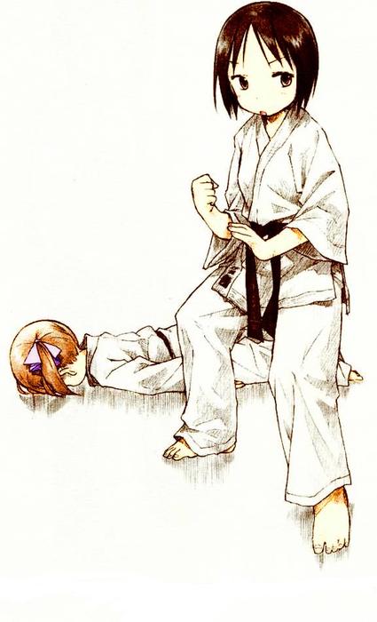 2girls barasui barefoot belt black_belt blue_hair child clenched_hand dougi face_down faceplant fighting_stance full_body ichigo_mashimaro itou_nobue karate lying martial_arts martial_arts_belt matsuoka_miu multiple_girls official_art on_stomach orange_hair short_hair simple_background twintails white_background