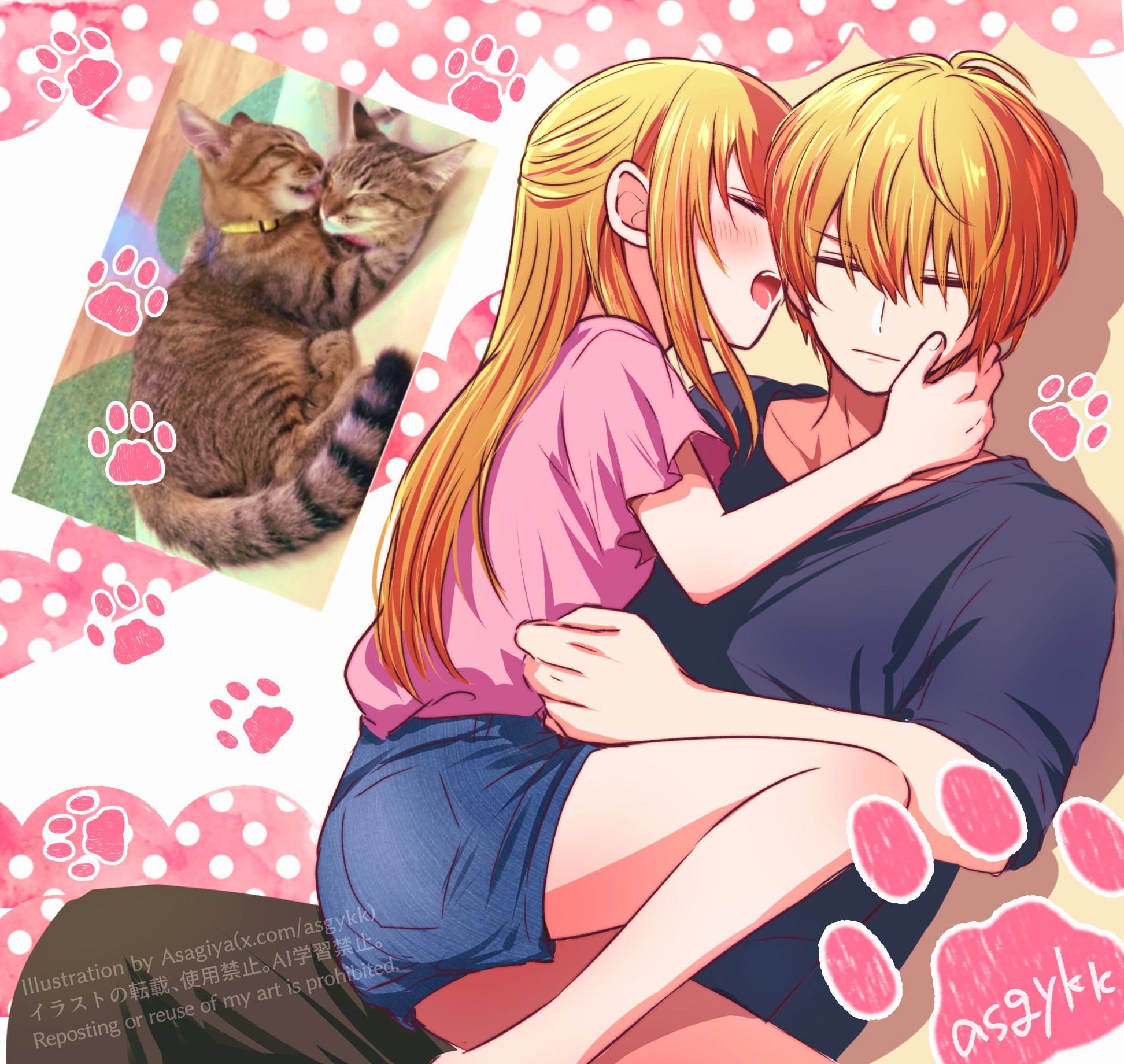 1boy 1girl animal_hands asgykk bare_legs black_pants blonde_hair blue_shirt blue_shorts brother_and_sister cat closed_eyes commentary_request hair_between_eyes highres hoshino_aquamarine hoshino_ruby long_hair open_mouth oshi_no_ko pants photo-referenced photo_background pink_shirt reference_inset shirt short_hair short_sleeves shorts siblings twins