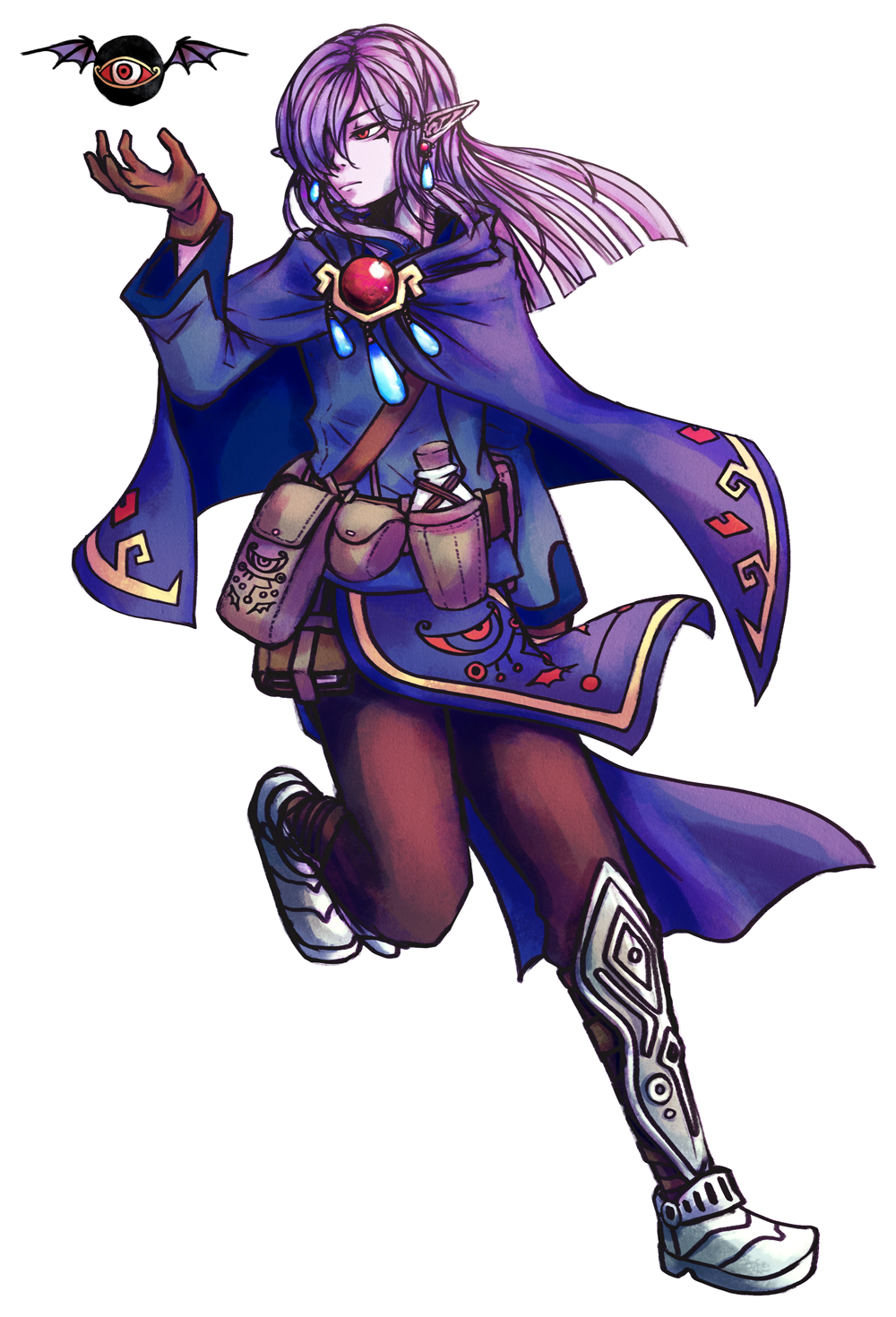 1boy alternate_costume armored_boots belt belt_pouch blunt_ends book boots bottle breathmxge brown_belt brown_gloves cloak closed_mouth earrings facial_mark gem gloves hair_over_one_eye hand_up highres jewelry leg_up long_hair long_sleeves looking_to_the_side male_focus monster nintendo one-eyed pale_skin pants pelvic_curtain pointy_ears pouch purple_cloak purple_hair purple_shirt red_eyes red_gemstone shirt sidelocks solo standing strap teardrop_earrings the_legend_of_zelda the_legend_of_zelda:_the_minish_cap transparent_background vaati wings