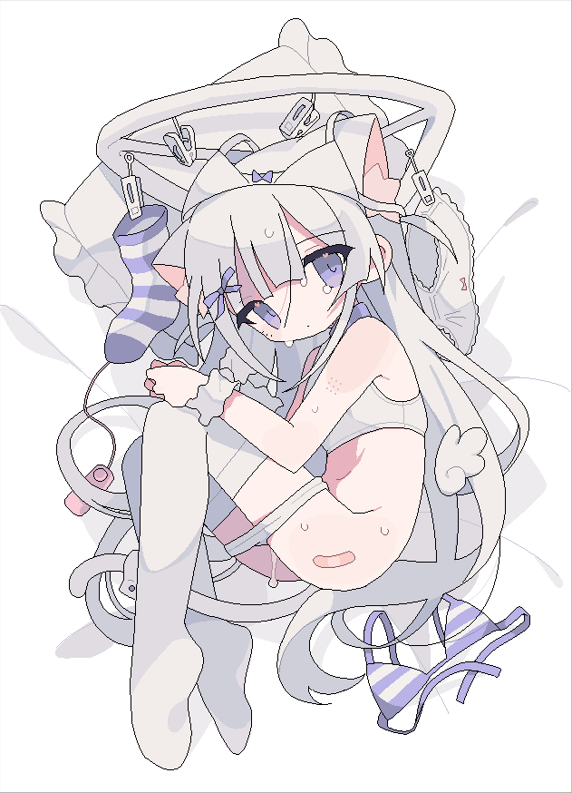 1girl angel_wings animal_ear_fluff animal_ears bandaid bare_arms bare_shoulders bed_sheet bra bra_on_head cat_ears cat_girl cat_tail closed_mouth clothes_pin collar crop_top cropped_shirt daizu_(melon-lemon) detached_wings extra_ears fetal_position from_above full_body hair_ribbon jaggy_lines long_hair looking_at_viewer looking_to_the_side lying mini_wings object_on_head on_side original panties panty_pull pillow purple_collar purple_eyes purple_ribbon pussy_juice remote_control_vibrator ribbon sex_toy shirt sleeveless sleeveless_shirt solo sweat tail tears thighhighs underwear very_long_hair vibrator vibrator_cord white_background white_bra white_hair white_panties white_shirt white_thighhighs white_wrist_cuffs wings wrist_cuffs