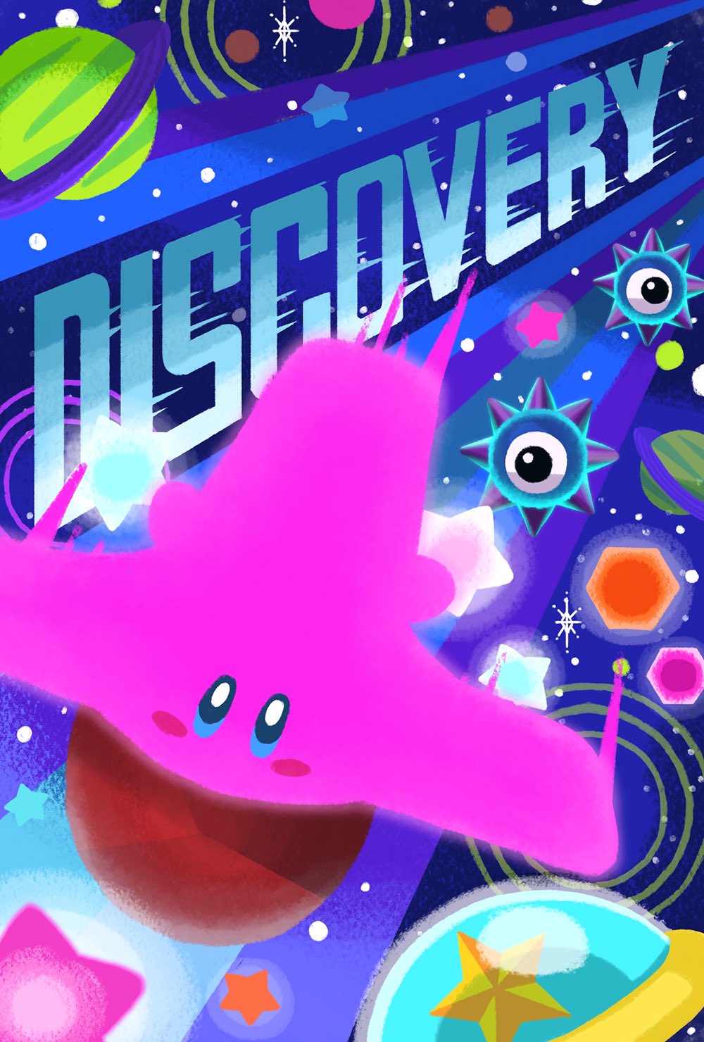 blush_stickers coaster_mouth colored_skin ghost_gordo highres kirby kirby_(series) kirby_and_the_forgotten_land mouthful_mode naco_oekaki nintendo no_humans one-eyed pink_skin planet star_(symbol)