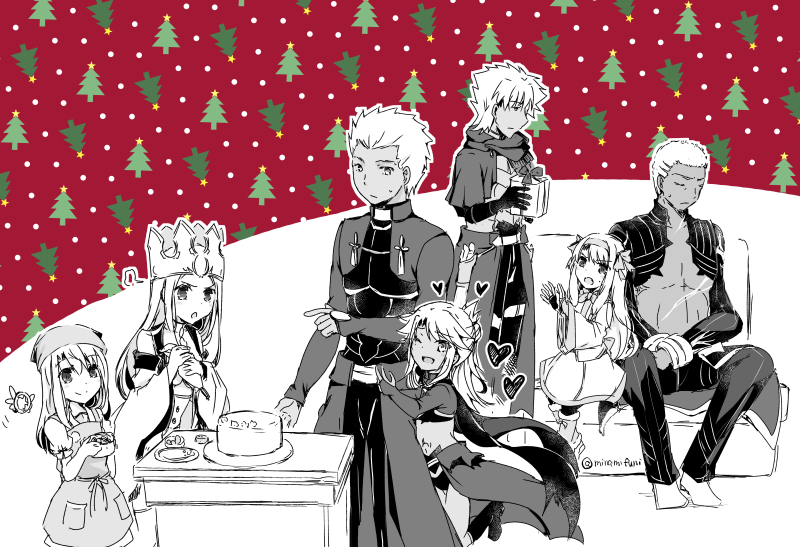 3boys 4girls ainu_clothes apron archer_(fate) box brother_and_sister cake chloe_von_einzbern chloe_von_einzbern_(archer_install) commentary_request couch crew_cut crown dark-skinned_female dark-skinned_male dark_skin detached_sleeves dress_of_heaven dual_persona emiya_alter emiya_kiritsugu emiya_kiritsugu_(assassin) fate/grand_order fate/kaleid_liner_prisma_illya fate/stay_night fate_(series) food gift gift_box greyscale_with_colored_background hairband headscarf heaven&#039;s_feel height_difference holding holding_gift hug hug_from_behind illyasviel_von_einzbern magical_ruby midriff minafuni multiple_boys multiple_girls one_eye_closed patterned_background pointing siblings sitonai_(fate) sitting stomach_tattoo sweatdrop table tattoo
