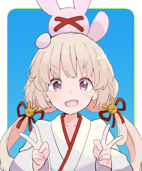 &gt;_&lt; 1girl :d blue_background border commentary_request double_v fang furrowed_brow hair_ornament hair_ribbon hands_up japanese_clothes kimono long_hair long_sleeves looking_at_viewer low_twintails miko natori_sana natori_sana_(miko) object_on_head official_alternate_costume open_mouth outside_border rabbit_hair_ornament red_ribbon ribbon sana_channel simple_background smile solo stuffed_animal stuffed_rabbit stuffed_toy twintails upper_body v virtual_youtuber white_border white_kimono youasato