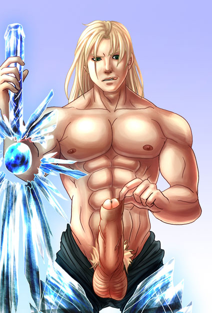 1boy foreskin gradient_background huge_penis male_focus muscular penis siegfried_schtauffen solo soul_calibur soul_calibur_(weapon) soulcalibur soulcalibur_iv topless_male uncensored