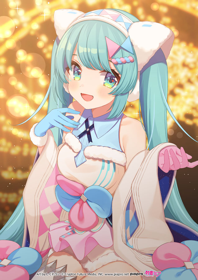 1girl :d aqua_eyes aqua_hair artist_name asymmetrical_gloves blue_bow blue_gloves blurry blurry_background blush bokeh bow commentary_request copyright_notice depth_of_field dress fur-trimmed_dress fur_trim gloves hair_ornament hatsune_miku logo looking_at_viewer magical_mirai_(vocaloid) magical_mirai_miku magical_mirai_miku_(2020_winter) mismatched_gloves official_art open_mouth pink_bow pink_gloves second-party_source shigure_ui smile solo tongue twintails vocaloid wide_sleeves