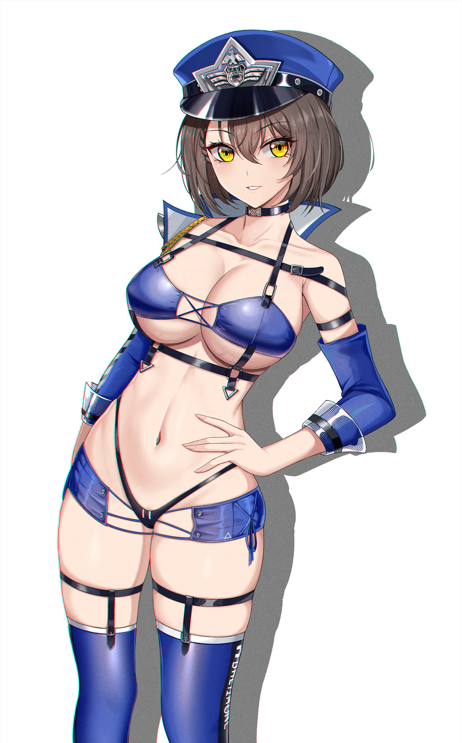 1girl absurdres aiguillette azur_lane baltimore_(azur_lane) baltimore_(finish_line_flagbearer)_(azur_lane) bikini black_bikini black_choker blue_bikini blue_boots blue_hat blue_jacket blue_shorts blue_sleeves boots braid breasts brown_hair chest_harness choker cleavage collarbone commentary cowboy_shot cropped_jacket detached_sleeves drop_shadow gloves hair_between_eyes hand_on_own_hip harness hat highleg highleg_bikini highres jacket large_breasts looking_at_viewer micro_shorts mismatched_bikini navel official_alternate_costume parted_lips peaked_cap race_queen shadow short_hair shorts sidelocks simple_background single_bare_shoulder single_detached_sleeve skindentation solo standing stomach swimsuit thigh_boots thigh_strap underboob white_background yellow_eyes zeukiar