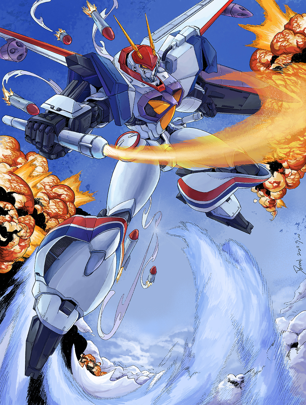 2022 aerial_battle battle energy_sword blue_sky cloud commentary_request contrail d-1 dated destruction dogfight explosion flying highres ink_(medium) itano_circus kikou_senki_dragonar mecha missile missile_pod no_humans robot scan science_fiction shield signature sky traditional_media wings wushangyi13