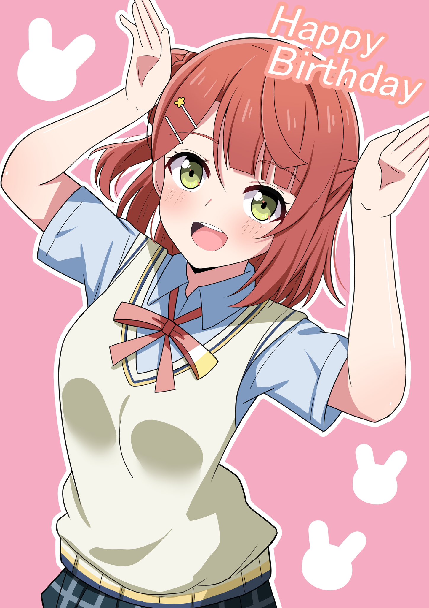 1girl :d arms_up blue_shirt blue_skirt blunt_bangs blush breasts bun_with_braided_base collared_shirt commentary_request dress_shirt green_eyes hair_bun hair_ornament hairclip half_updo happy_birthday highres hosinonana looking_at_viewer love_live! love_live!_nijigasaki_high_school_idol_club medium_breasts medium_hair neck_ribbon nijigasaki_school_uniform open_mouth orange_hair pink_background pink_ribbon plaid_clothes plaid_skirt pleated_skirt rabbit_pose ribbon school_uniform shirt short_sleeves simple_background single_side_bun skirt smile solo summer_uniform sweater_vest swept_bangs teeth uehara_ayumu upper_teeth_only yellow_sweater_vest