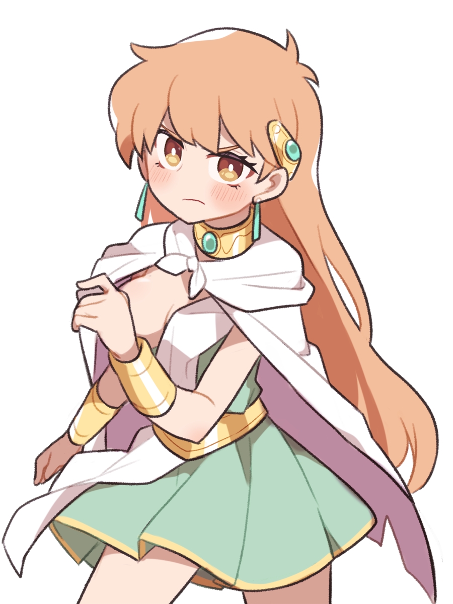 1girl altorealize blush breasts brown_eyes brown_hair cloak closed_mouth commentary_request convenient_arm dragon_quest dragon_quest_dai_no_daibouken dress eyebrows_hidden_by_hair green_dress hair_ornament hand_up highres long_hair looking_at_viewer medium_breasts pleated_dress princess_leona simple_background solo standing v-shaped_eyebrows very_long_hair white_background white_cloak