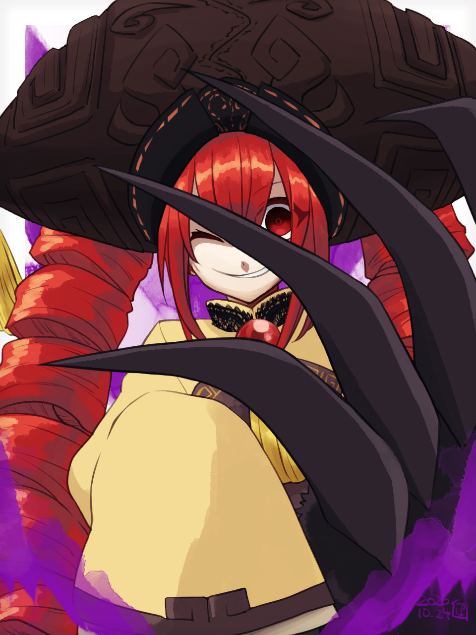 1girl brooch brown_hat commentary_request drill_hair eyes_visible_through_hair grin hat highres huge_claws infinite_blade_pavilion jewelry long_hair long_sleeves one_eye_closed original red_brooch red_eyes red_hair shirasaki_potofu shirt sleeves_past_fingers sleeves_past_wrists smile solo togura_magura touhou yellow_shirt