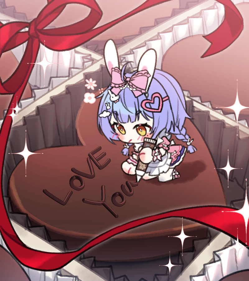 1girl animal_ears azusa_(vtuber) virtuareal_link blue_hair box box_of_chocolates candy chibi chibi_only chocolate chocolate_heart english_text food heart heart-shaped_food nijisanji onayano rabbit_ears red_ribbon ribbon solo virtual_youtuber virtuareal yellow_eyes