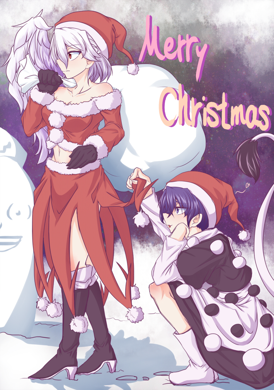 2girls bare_shoulders benizuwai black_footwear black_gloves blue_eyes blue_hair boots clothes_lift crop_top doremy_sweet dress full_body fur_trim gloves hat heart high_heel_boots high_heels highres kishin_sagume knee_boots merry_christmas midriff multiple_girls navel pom_pom_(clothes) profile red_eyes sack santa_costume santa_hat silver_hair single_wing skirt skirt_lift skirt_set snow squatting standing tail tapir_tail thighs touhou wings yagokoro