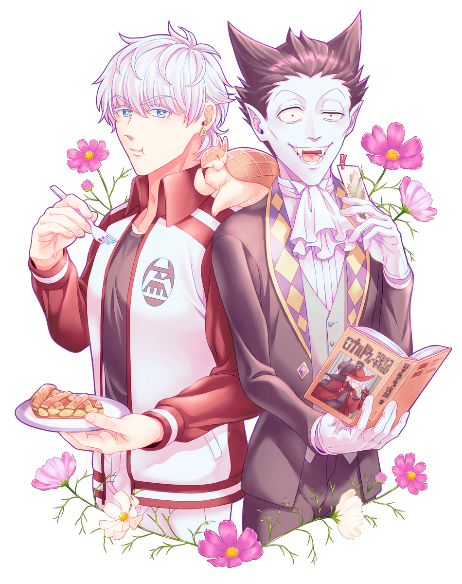 3boys animal animal_on_shoulder armadillo ascot black_hair black_shirt blue_eyes book colored_skin draluc_(kyuuketsuki_sugu_shinu) eating fangs flower food fork gloves grey_skin hand_up highres holding holding_book holding_fork jacket john_(kyuuketsuki_sugu_shinu) ksnfu kyuuketsuki_sugu_shinu long_sleeves male_focus multiple_boys pie pie_slice pointy_ears ronaldo_(kyuuketsuki_sugu_shinu) shirt short_hair spiked_hair standing vampire vest white_ascot white_background white_gloves