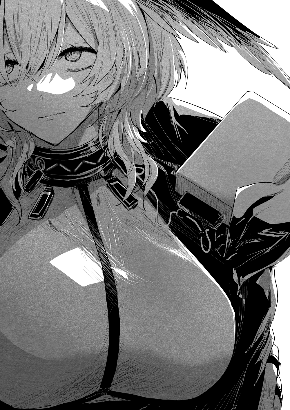 1girl arknights breasts expressionless feathered_wings greyscale hair_between_eyes head_wings highres ho&#039;olheyak_(arknights) infection_monitor_(arknights) iwashi_80 large_breasts long_hair looking_up monochrome simple_background solo white_background wings
