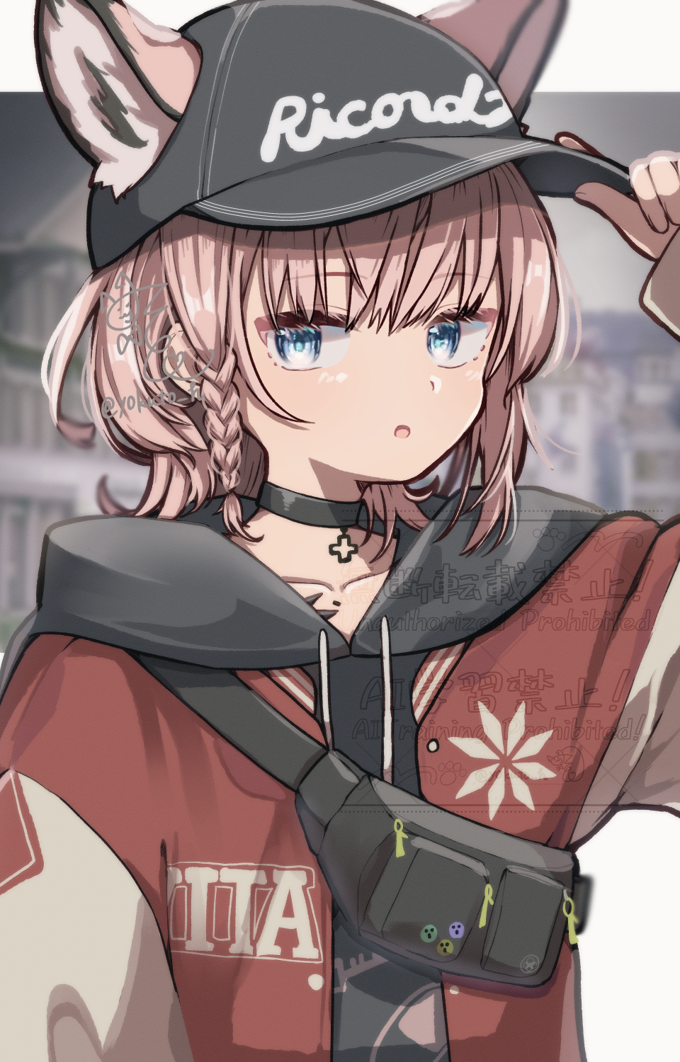 1girl animal_ears arknights baseball_cap black_choker black_hat blue_eyes choker ears_through_headwear hat highres jacket official_alternate_costume open_mouth pink_hair solo sussurro_(arknights) sussurro_(travel_freely)_(arknights) watermark yokuto