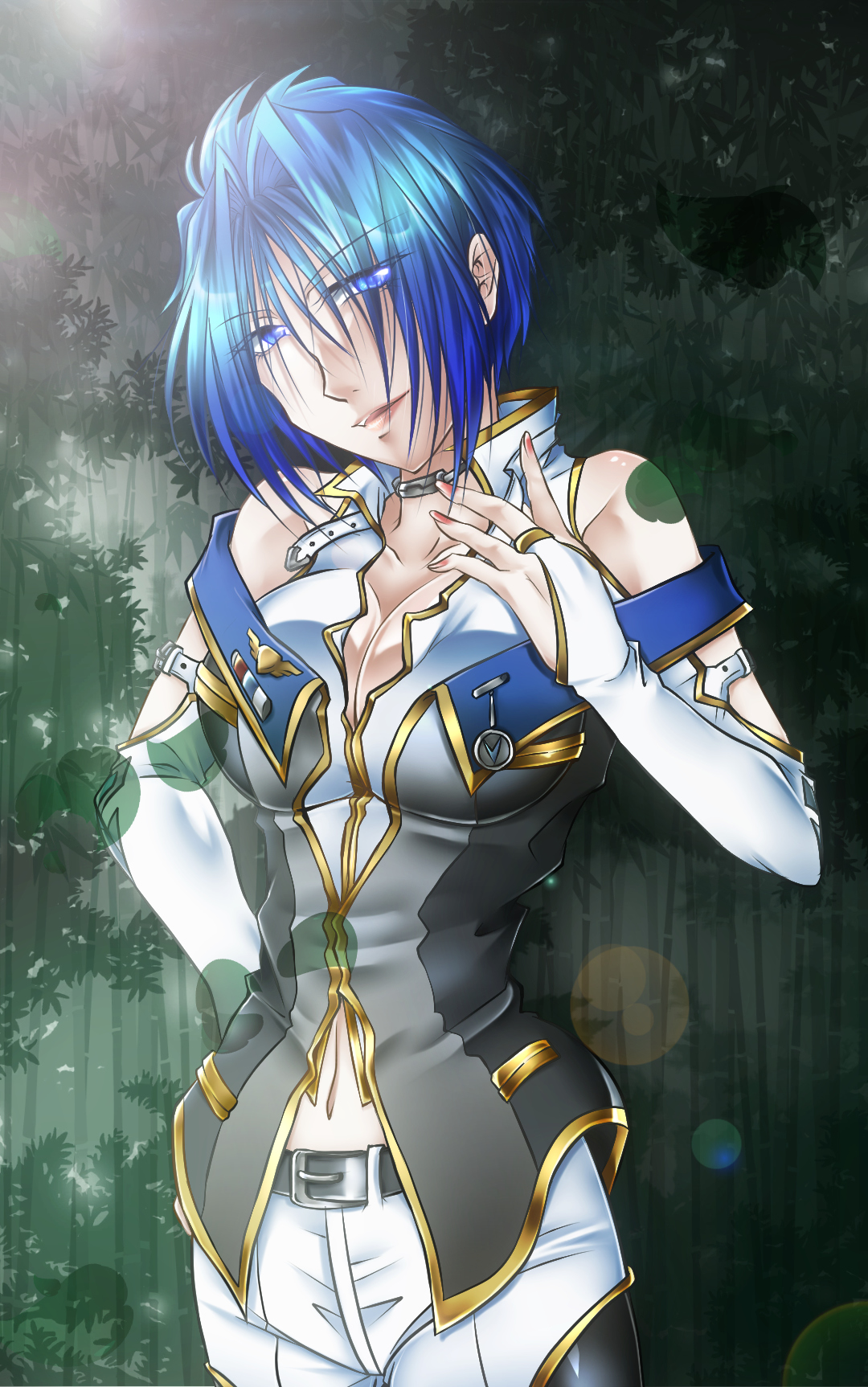 1girl bad_id bad_pixiv_id bare_shoulders belt blue_eyes blue_hair breasts bridal_gauntlets choker cleavage elbow_gloves female_focus gloves hand_on_own_hip highres large_breasts lens_flare matching_hair/eyes medal navel pants short_hair solo super_robot_wars super_robot_wars_original_generation viletta_badam yuruyuru