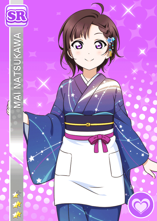 1girl ahoge asymmetrical_bangs blue_kimono blunt_bangs blush bow braid braided_bangs brown_hair card_(medium) character_name closed_mouth cowboy_shot forehead hair_ornament hand_up heart japanese_clothes kimono looking_at_viewer love_live! love_live!_nijigasaki_high_school_idol_club love_live!_school_idol_festival natsukawa_mai obi obijime official_art open_hand print_kimono purple_background purple_bow purple_eyes sash short_hair smile solo star_(symbol) star_hair_ornament straight-on