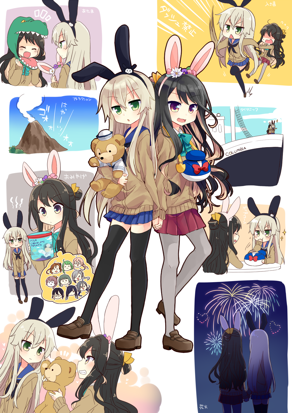 &gt;:&lt; &gt;:i &gt;_&lt; 2girls :&lt; :d :i :o ^_^ aerial_fireworks ahoge akigumo_(kancolle) alternate_costume alternate_footwear amusement_park animal_ears asashimo_(kancolle) black_hair black_legwear blonde_hair blue_hair blue_skirt blush boat bow bowtie braid brown_footwear brown_hair cardigan case closed_eyes closed_mouth commentary_request disney dixie_cup_hat duffy_the_disney_bear eating fake_animal_ears fang fireworks glasses green_eyes green_hair grey_hair grey_legwear hair_between_eyes hair_ribbon hairband hand_grab hat hayashimo_(kancolle) heart highres holding_hands interlocked_fingers kantai_collection kazagumo_(kancolle) kiyoshimo_(kancolle) loafers long_hair long_sleeves looking_at_viewer low_twintails makigumo_(kancolle) military_hat miniskirt multicolored_hair multiple_girls naganami_(kancolle) nagasioo okinami_(kancolle) open_mouth oswald_the_lucky_rabbit pantyhose parody pink_hair ponytail rabbit_ears rex_(toy_story) ribbon running school_uniform serafuku shimakaze_(kancolle) shoes short_hair single_braid skirt smile smoke sparkle speech_bubble stuffed_animal stuffed_toy takanami_(kancolle) teddy_bear teeth thighhighs thought_bubble titanic_(movie) translation_request triangle_mouth twintails v-shaped_eyebrows volcano watercraft yuugumo_(kancolle) zettai_ryouiki