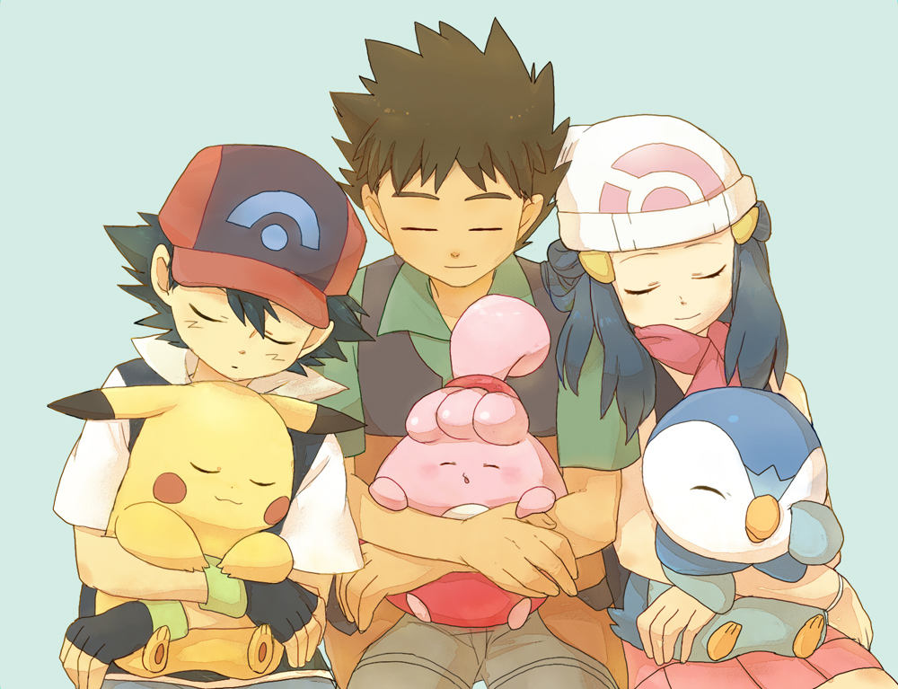 1girl 2boys ash_ketchum baseball_cap black_hair blue_hair brock_(pokemon) brown_hair closed_eyes closed_mouth commentary dawn_(pokemon) facial_mark fingerless_gloves game_freak gen_1_pokemon gen_4_pokemon gloves green_background hair_ornament hairclip happiny hat multiple_boys nintendo norisa pikachu piplup pokemon pokemon_(anime) pokemon_(creature) pokemon_dppt_(anime) scarf sidelocks simple_background sitting sleeping smile