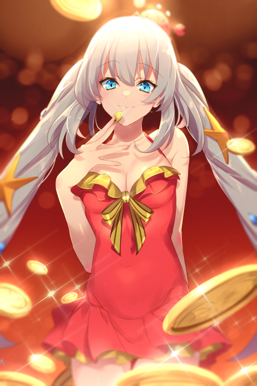 1girl blue_eyes breasts cleavage closed_mouth crab crab_on_head echo_(circa) fate/grand_order fate_(series) gold grey_hair long_hair looking_at_viewer marie_antoinette_(fate) marie_antoinette_(swimsuit_caster)_(first_ascension)_(fate) medium_breasts one-piece_swimsuit red_one-piece_swimsuit skirt smile solo swimsuit twintails very_long_hair