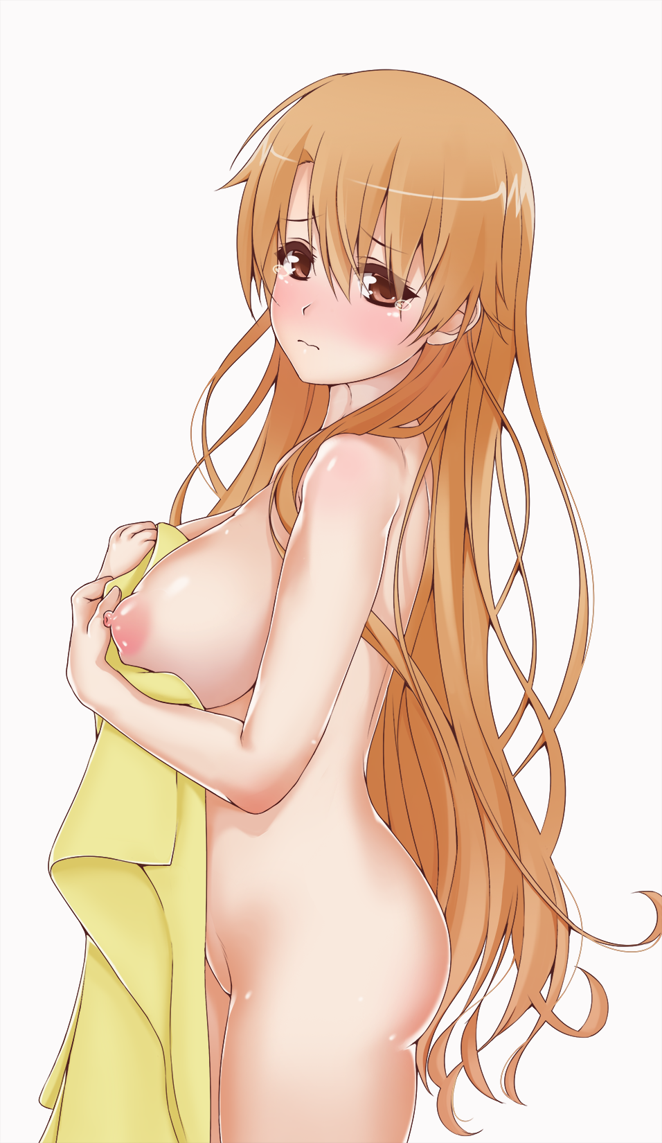 1girl blush breasts brown_eyes brown_hair highres holding holding_towel kiryuu_yuuzuki kissxsis large_breasts legs long_hair looking_at_viewer nipples nude sideboob simple_background solo tears thighs towel viking-dutchboy white_background