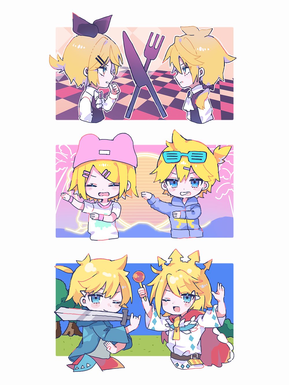 3boys 3girls ;) ;d antenna_hair aqua-framed_eyewear ascot beanie black_bow black_vest blonde_hair blue_eyes blue_sky bow bright_pupils brother_and_sister cape checkered_background clenched_teeth closed_eyes collared_shirt commentary cropped_torso crown dancing double-parted_bangs eye_contact eyewear_on_head face-to-face fork fur-trimmed_cape fur_trim grass hair_between_eyes hair_bow hat highres hiro_0607 holding holding_sword holding_weapon hood hood_down hooded_jacket i_(neru) i~ya_i~ya_i~ya_(vocaloid) jacket kagamine_len kagamine_rin knife long_sleeves looking_at_another looking_at_viewer multiple_boys multiple_girls okochama_sensou_(vocaloid) one_eye_closed open_mouth outdoors pink_hat ponytail profile purple_jacket red_cape shirt short_hair short_ponytail short_sleeves siblings sky smile song_request swept_bangs sword teeth thumb_to_mouth tongue tree v-shaped_eyebrows vaporwave vest vocaloid weapon white_ascot white_pupils white_shirt yaya_(neru)