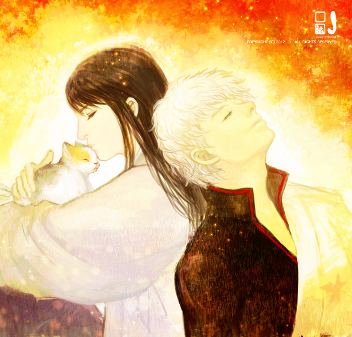 2boys brown_hair cat gintama j_(onose1213) katsura_kotarou long_hair male_focus multiple_boys sakata_gintoki signature white_hair